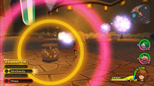 A spell (Zero Gravity) being used in Traverse Town in Kingdom Hearts 3D: Dream Drop Distance.