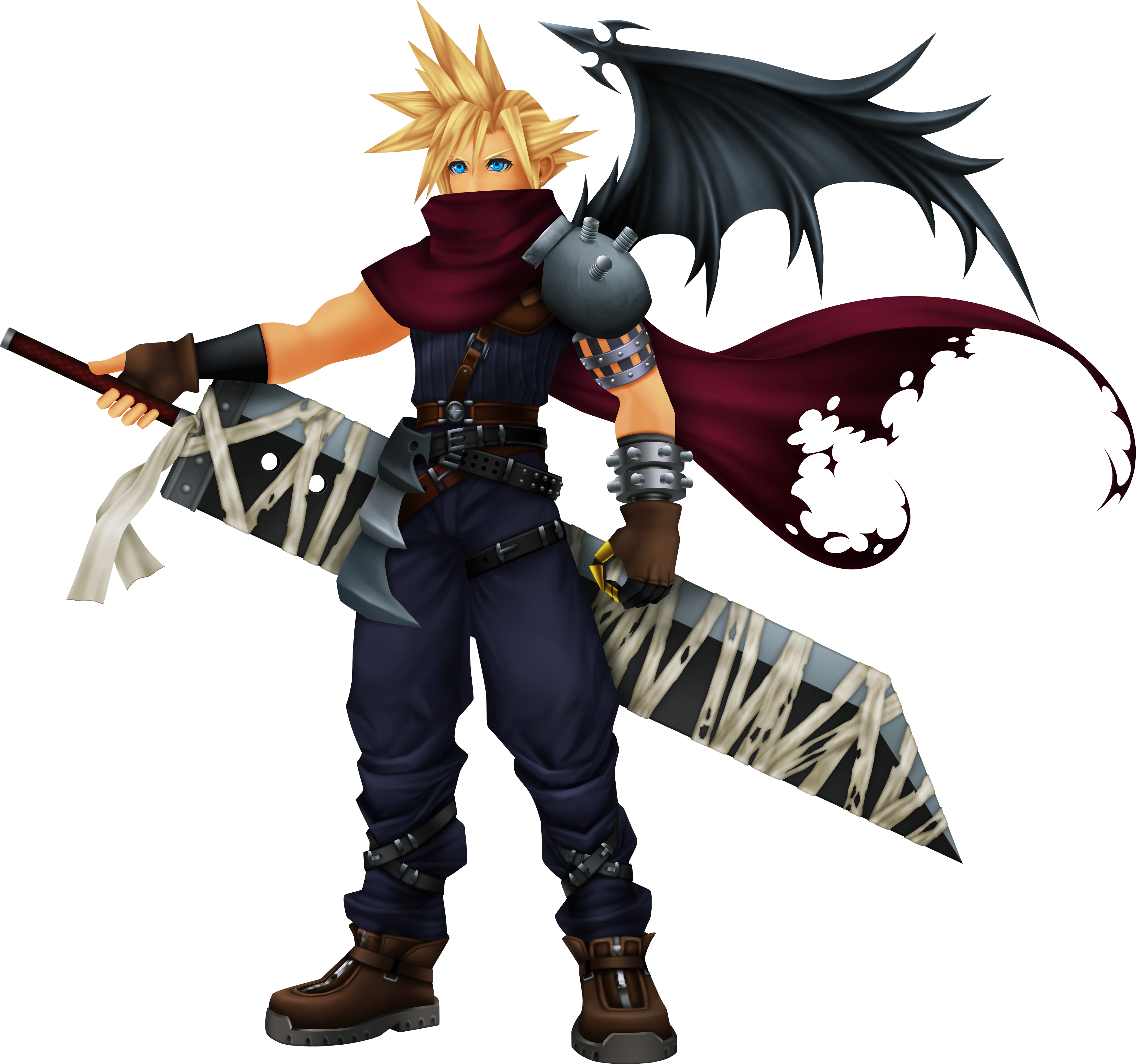 Cloud as he appears in Kingdom Hearts, Kingdom Hearts Chain of Memories, and Kingdom Hearts Re:coded