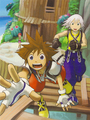 Kairi, Sora, and Riku on the cover of the first Kingdom Hearts II short stories volume.