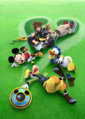Sora with Roxas, Mickey, Goofy, and Donald in a CG promotional artwork.