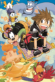 Sora, Donald, Goofy, Genie, and Iago in Agrabah, on the cover of the fifth volume of the Kingdom Hearts II manga.