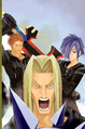 Vexen, Lexaeus, and Zexion on the back cover of the third volume of the Kingdom Hearts Chain of Memories novel.