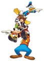 Sora with Donald and Goofy in the "Piggyback" promotional artwork.