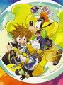 Goofy and Jiminy look on as Sora and Donald argue while piloting the Gummi Ship, in a color illustration from the second Kingdom Hearts II short stories volume.