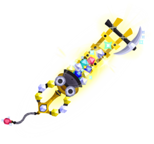 The final upgrade of the Treasure Trove<span style="font-weight: normal">&#32;(<span class="t_nihongo_kanji" style="white-space:nowrap" lang="ja" xml:lang="ja">ロックスプレンダー</span><span class="t_nihongo_comma" style="display:none">,</span>&#32;<i>Rock Splendor</i><span class="t_nihongo_help noprint"><sup><span class="t_nihongo_icon" style="color: #00e; font: bold 80% sans-serif; text-decoration: none; padding: 0 .1em;">?</span></sup></span>)</span> Keyblade.