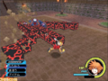 A pre-release screenshot showcasing Data-Sora facing off against Bug Blox and a Large Body in Traverse Town.