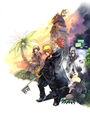 Axel with Roxas, Xion, Riku, and Mickey in the "Boundary" promotional artwork.
