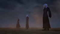 Ansem, Young Xehanort, and Xemnas on top of Tower of Endings during the final showdown.
