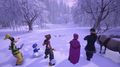 Sora and the others helping put Olaf back together at the Valley of Ice.