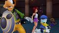 Goofy and Donald protecting Kairi from Heartless.