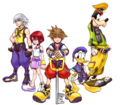 Sora with the main cast in a promotional artwork for Kingdom Hearts.