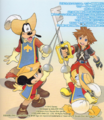 Donald, Goofy, Sora, and Mickey in the Country of Musketeers, on the back cover of the first volume of the Kingdom Hearts 3D: Dream Drop Distance novel.