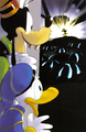 Goofy and Donald see Mickey through the Door to Darkness in a color illustration from the second volume of the Kingdom Hearts novel.