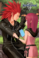 Lea and Kairi in the Secret Forest, in a color illustration from the first volume of the Kingdom Hearts III novel.