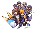Chirithy alongside Sora, Neku, a Necho Cat, Shiki, Joshua, Beat, Rhyme, and a Meow Wow, in a promotional image for the release of The World Ends with You Final Remix.