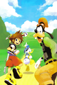Donald, Goofy, and Sora on the cover of the first volume of the Kingdom Hearts Chain of Memories novel.