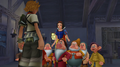 Snow White and the dwarfs stand inside their cottage glaring angrily at Ven