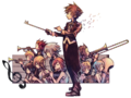 Xion with the main group in a concert illustration, used for the Proud Mode Battle Report screen in Kingdom Hearts Melody of Memory.
