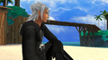 Young Xehanort sitting on the beach at Destiny Islands.