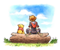 Sora and Pooh on the final cover of the 100 Acre Wood book.