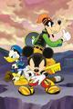 Donald, Goofy, and Mickey during the Battle of the 1000 Heartless, in a color illustration from the fourth volume of the Kingdom Hearts II novel.