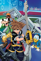 Sora, Donald, and Goofy in the Gummi Ship, on the cover of the first volume of the Kingdom Hearts III novel.