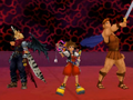 Cloud, Sora, and Hercules' victory poses.