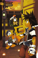Sora, Donald, and Goofy on the cover of the second volume of the Kingdom Hearts Chain of Memories novel.