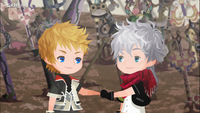 Screenshot of "The Third to Arrive" cutscene from KHUX featuring Ventus and Ephemer