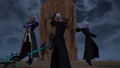 Ansem, Xemnas, and Young Xehanort battle against Sora, Riku, and Mickey.