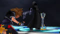 Roxas briefly overpowers Sora during their clash.