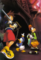 Goofy, Donald, and Sora in Hollow Bastion, on the cover of the fourth volume of the Kingdom Hearts manga.