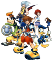 Sora with the main cast in another promotional artwork for Kingdom Hearts.