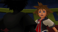 Sora startled when Riku transforms a Heartless to look like him, and sends it after him.