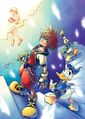 Sora with Donald, Goofy, and Naminé in the "Spiral" artwork.