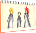 A sketch of Roxas, Xion, and Axel by Naminé.
