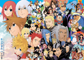 Saix and the rest of the cast of Kingdom Hearts II in a wallpaper by Shiro Amano, to celebrate the final volume of the Kingdom Hearts II manga.