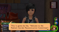 Yuffie tells Sora and co. the Hollow Bastion Restoration Committee's new name.