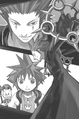 Sora, Donald, and Axel in an illustration from the first volume of the Kingdom Hearts Chain of Memories novel.