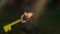 Mickey summons his Keyblade to fend off the coated figure.