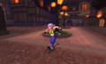 Riku runs around in the First District of Traverse Town in his Kingdom Hearts outfit.