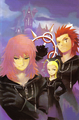 Axel, Larxene, and Marluxia in a color illustration from the first volume of the Kingdom Hearts Chain of Memories novel.