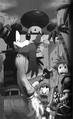 Sora and Donald nearly attack Iago as he sits on Goofy's shoulder, in an illustration from the first Kingdom Hearts II short stories volume.