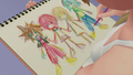 Naminé sketching herself alongside Sora, Kairi, and Riku.