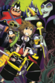 Goofy, Donald, and Sora confront Maleficent and Pete on the cover of the fourth volume of the Kingdom Hearts II manga.