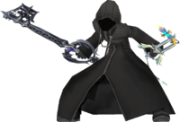 Roxas wielding the Oathkeeper and Oblivion with his hood up.