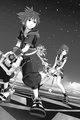Sora and Kairi ready themselves to fight Master Xehanort, in an illustration from the third volume of the Kingdom Hearts III novel.