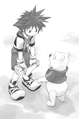 Sora talks to Pooh in an illustration from the second volume of the Kingdom Hearts Chain of Memories novel.