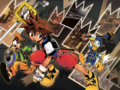 Sora, Donald, and Goofy in a color illustration from the first volume of the Kingdom Hearts Chain of Memories manga.