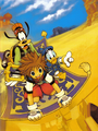 Goofy, Donald, and Sora in Agrabah, on the cover of the second volume of the Kingdom Hearts manga.